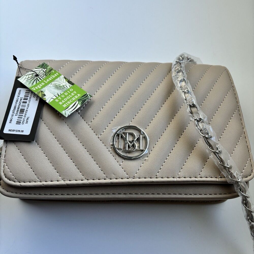 NWT Studio Badgley Mischka Taupe Crossbody Bag with Round Logo Vegan Leather